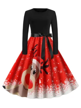 Christmas Cartoon Elk Snowflake Belted Long Sleeve Plus Size Dre
