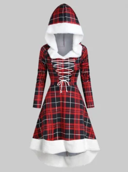 Plaid Faux Fur Insert Hooded Lace Up High Low Dress