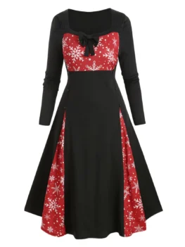 Plus Size Christmas Snowflake Bowknot Tea Length Dress