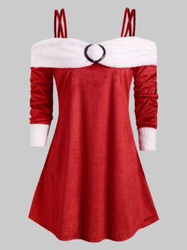 Plus Size Cold Shoulder Faux Fur Velvet Christmas T Shirt