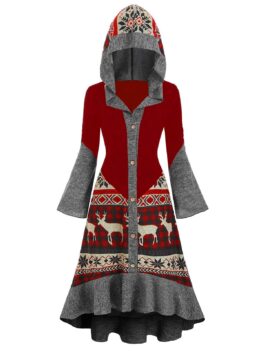 Christmas Elk Hooded High Low Flounce Hem Knitted Dress