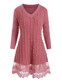 Plus Size V Neck Lace Hem Cable Knit Sweater