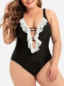 Lace Panel Laddering Cut Out Plus Size One-piece Swimsuit