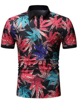 Maple Leaf Print Half Button Short Sleeve T Shirt