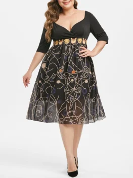 Cute Cat Dog Print Surplice Plus Size Dress