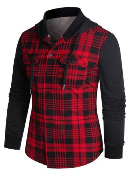 Hooded Plaid Print Double Pockets Button Up Shirt