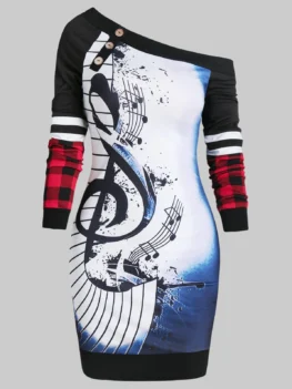 Musical Notes Print Skew Neck Bodycon Dress