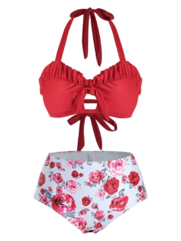Plus Size Ruffled Cutout Tie Front Floral Bikini Swimwear