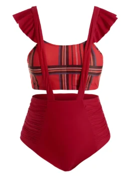 Plus Size Ruffle Plaid Ruched Tankini Swimwear