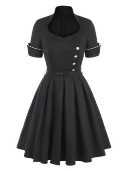 Vintage Contrast Buttons Pin Up Dress