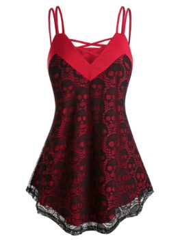 Plus Size Halloween Criss Cross Skull Lace Tank Top