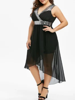 Plus Size Sequins Splicing High Low Party Dress