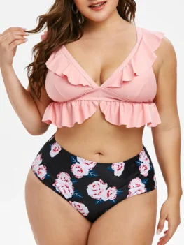 Plus Size Low Cut Ruffled Floral Print Tankini Swimwear