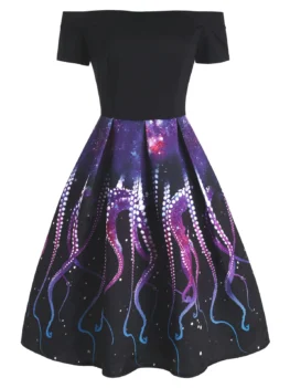 Octopus Galaxy Print Off Shoulder Party Dress