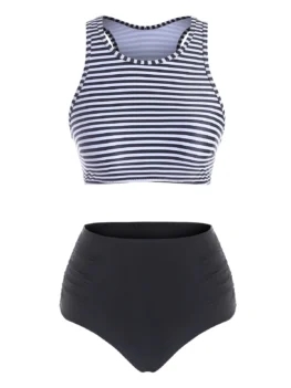 Ruched High Waisted Stripes Tankini Swimwear