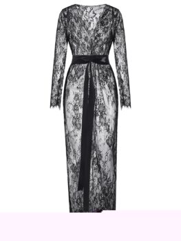 Lace Sheer Belted Long Lingerie Wrap Robe