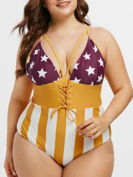 Plus Size Lace Up American Flag Print One-piece Swimsuit