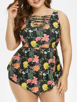 Plus Size Crisscross Floral Print Peplum Tankini Swimwear