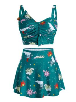 Plus Size Sun Print Ruched Skirted Three Pieces Tankini Swimwear