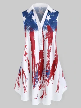 Plus Size American Flag Print Henley Blouse