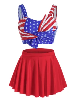 Plus Size American Flag Twisted Three Pieces Skirted Tankini Swi