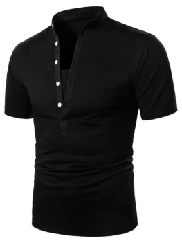 Plain Stand Collar Half Button Short Sleeve T Shirt