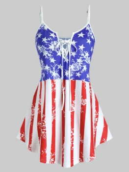 Plus Size Patriotic Lace Up American Flag Cami Top