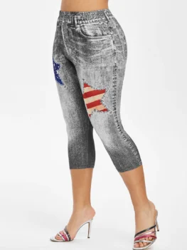 Plus Size American Flag 3D Destroyed Jean Print Cropped Jeggings