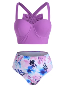 Bowknot Back Push Up Floral Bikini Swimwear