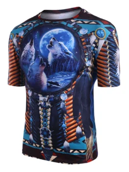 Indian Wolf Print Crew Neck Casual T Shirt