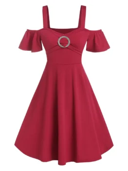 Rhinestone O-ring Cold Shoulder Flare Dress