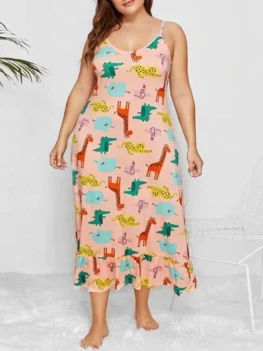 Cartoon Animal Print Flounce Plus Size Nightdress