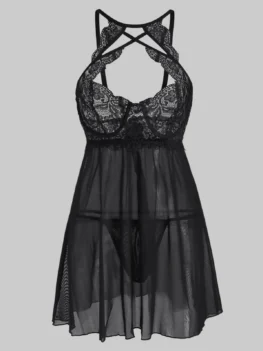 Criss Cross Lace Panel Sheer Mesh T-back Plus Size Babydoll