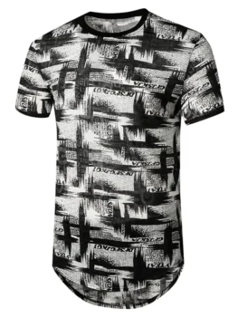 Letter Brush Print Semi Sheer Longline Curved T Shirt