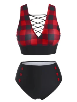 Plus Size Criss Cross Checkered Mock Button Tankini Swimwear