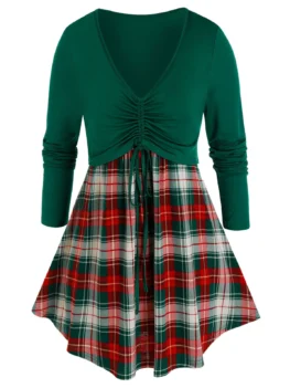 Plus Size Plaid Cinched Tie Contrast Long Sleeve Tee