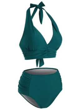 Halter Ruched High Waisted Bikini Swimwear