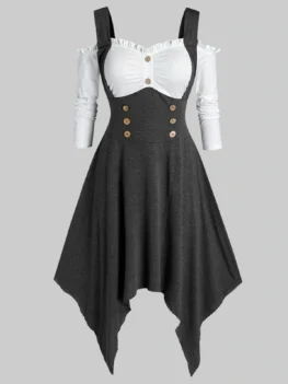 Plus Size Open Shoulder Handkerchief Sailor Button Dress