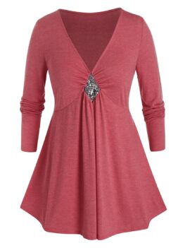 Plus Size Sequined Long Sleeve V Neck Tee