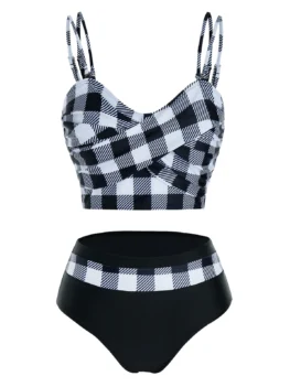 Checked Crisscross High Waisted Tankini Swimwear