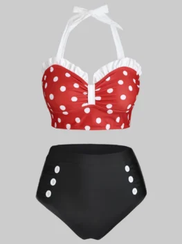 Plus Size Polka Dot Ruffle Mock Button Tankini Swimwear