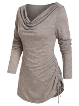 Cowl Neck Cinched Hem Asymmetrical T Shirt
