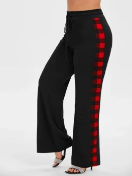 Plus Size High Waist Plaid Wide Leg Pants