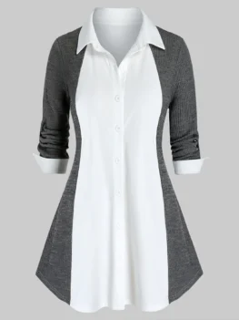 Plus Size Two Tone Knit Roll Up Sleeve Tunic Blouse