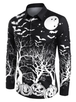 Halloween Pumpkin Bat Print Button Up Long Sleeve Shirt