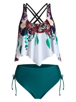 Flower Print Crisscross Cinched Tankini Swimwear