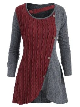 Plus Size Two Tone Cutout Cable Knit Sweater