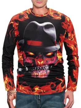 Halloween Skull Fire Flame 3D Print Long Sleeve T Shirt