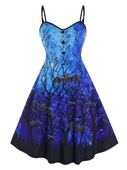 Plus Size Galaxy Night Halloween Bat Print A Line Dress