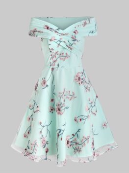 Flower Embroidered Off The Shoulder Skater Dress